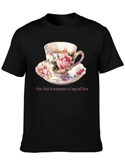 Camiseta Negra con Taza de Té Floral