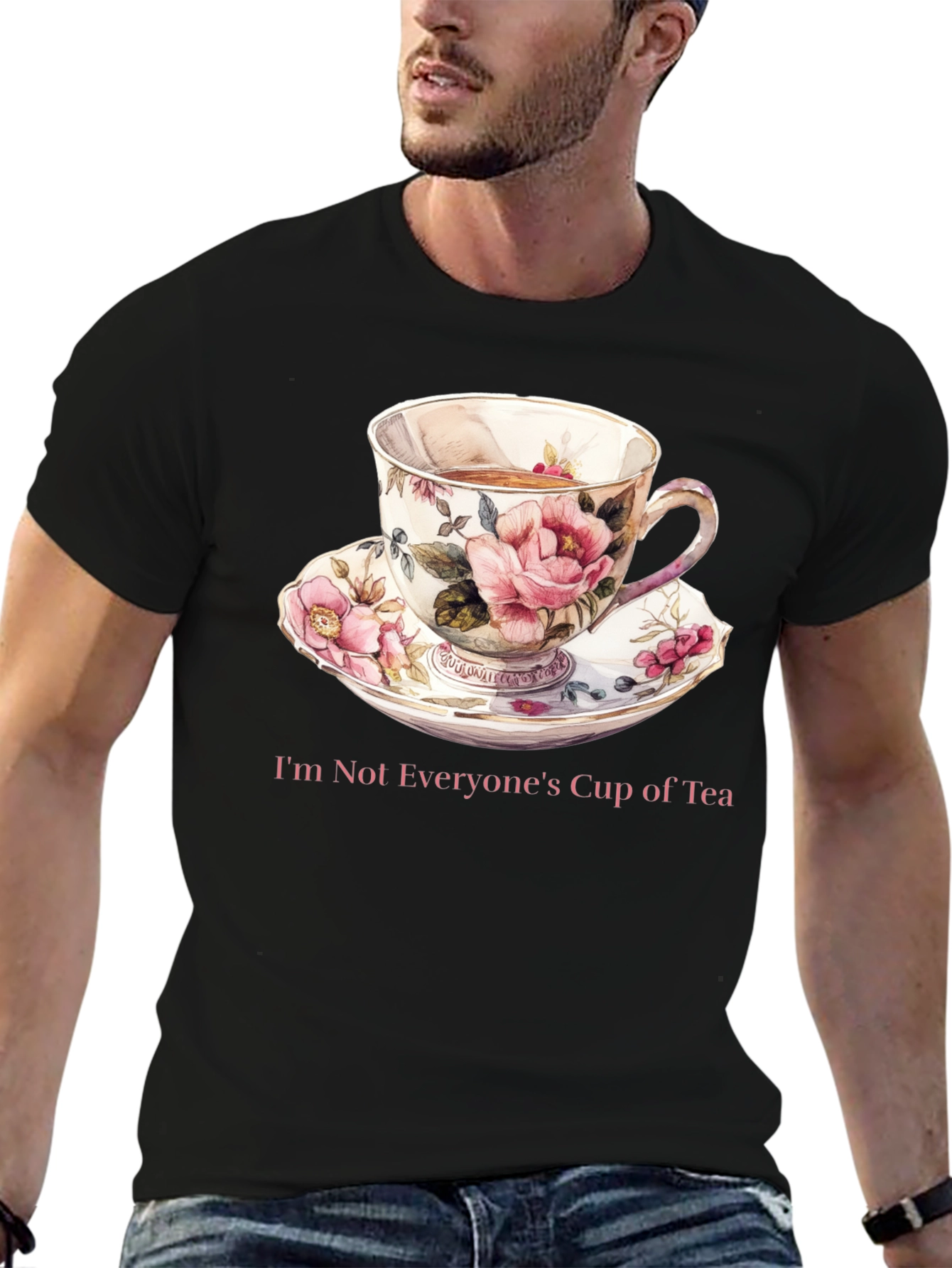 Camiseta Negra con Taza de Té Floral