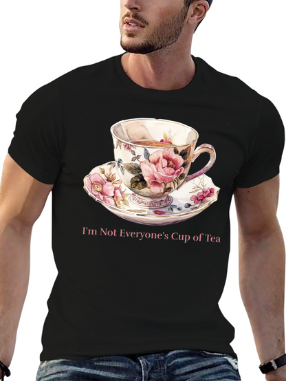 Camiseta Negra con Taza de Té Floral