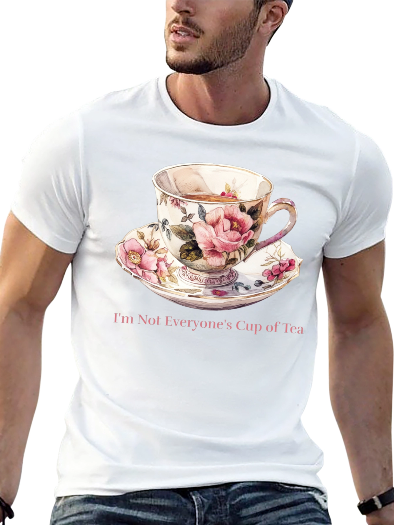 Camiseta Negra con Taza de Té Floral