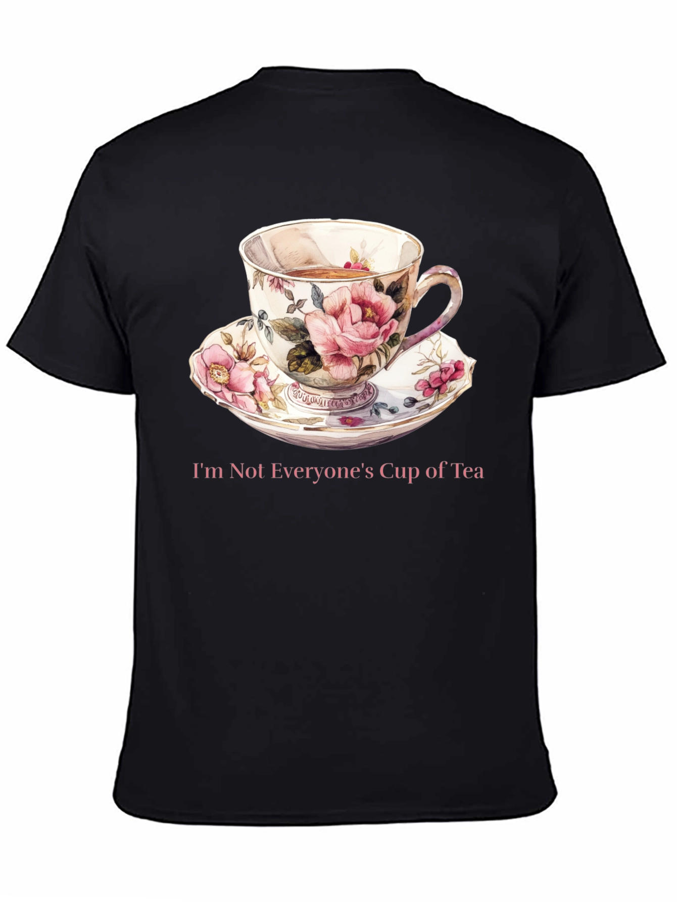 Camiseta Negra con Taza de Té Floral