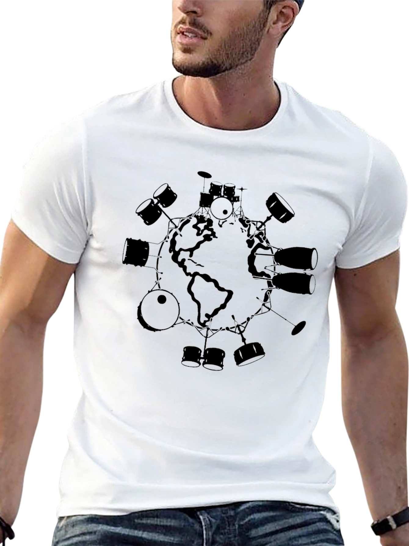 Camiseta Negra Hombre Diseño Mundo Batería