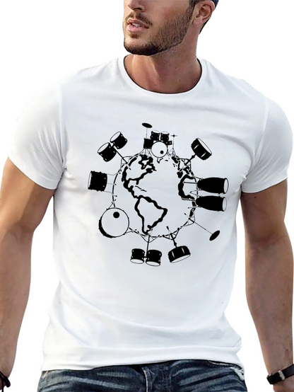 Camiseta Negra Hombre Diseño Mundo Batería