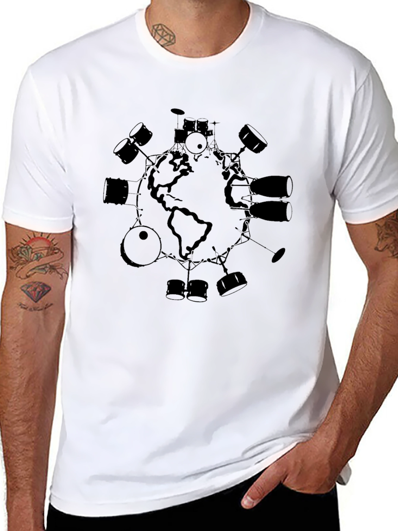 Camiseta Negra Hombre Diseño Mundo Batería