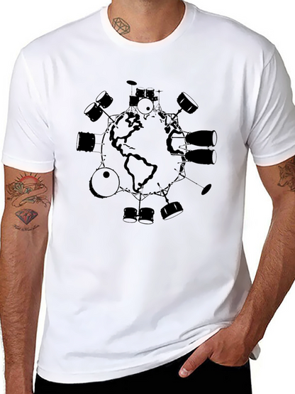 Camiseta Negra Hombre Diseño Mundo Batería