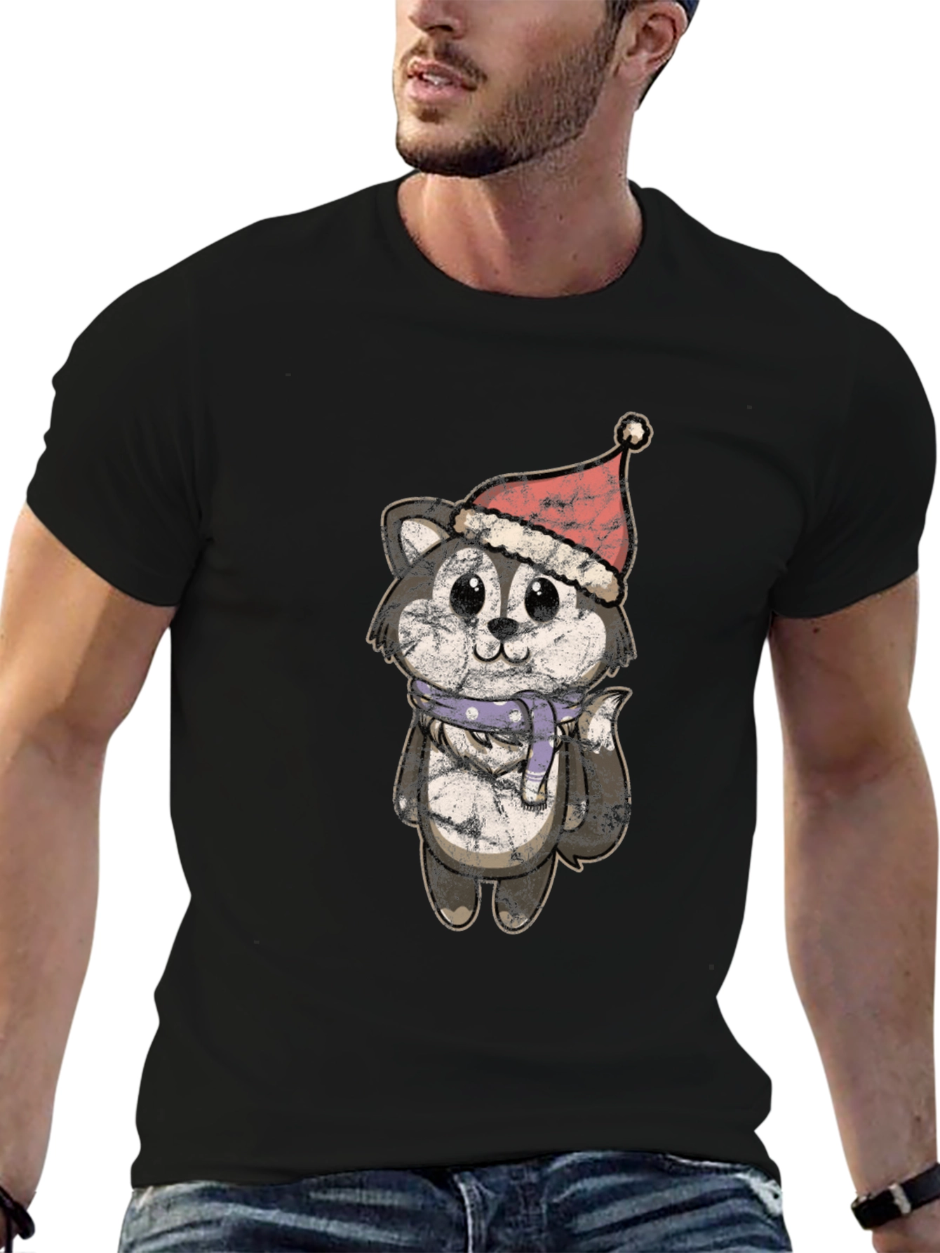 Camiseta Hombre Diseño Husky Navideño