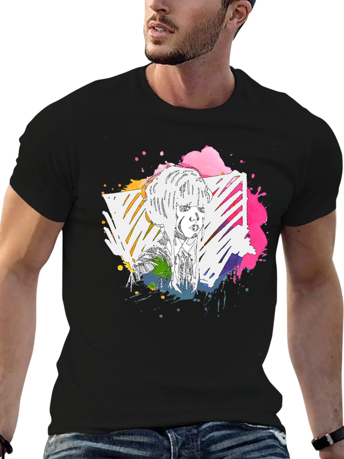 Camiseta Negra con Diseño Artístico Abstracto