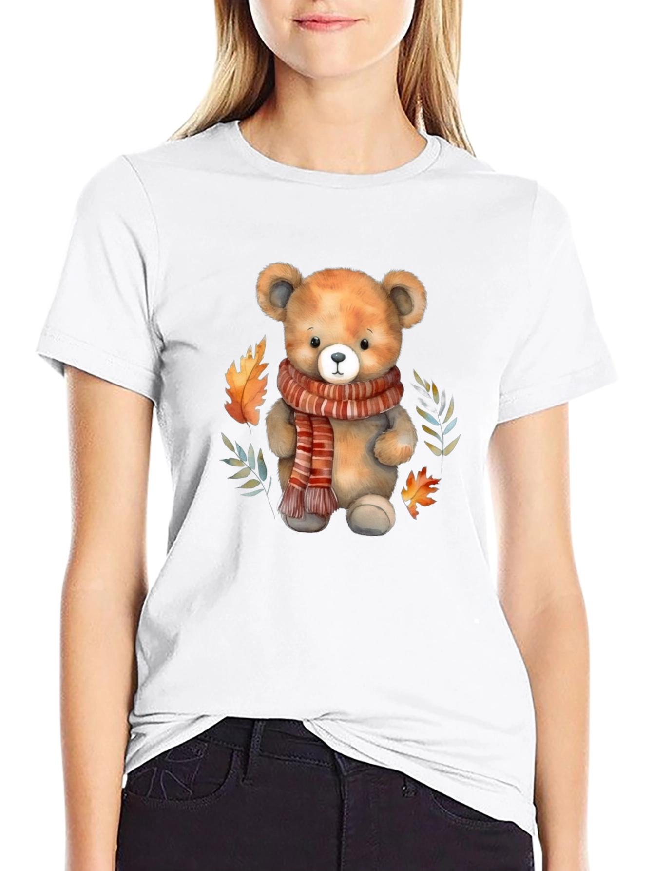 Camiseta Negra con Diseño de Oso y Otoño