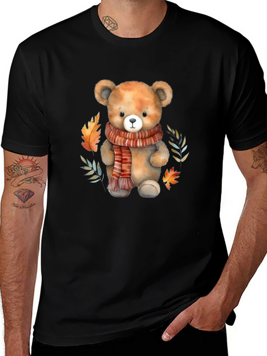 Camiseta Negra con Diseño de Oso y Otoño