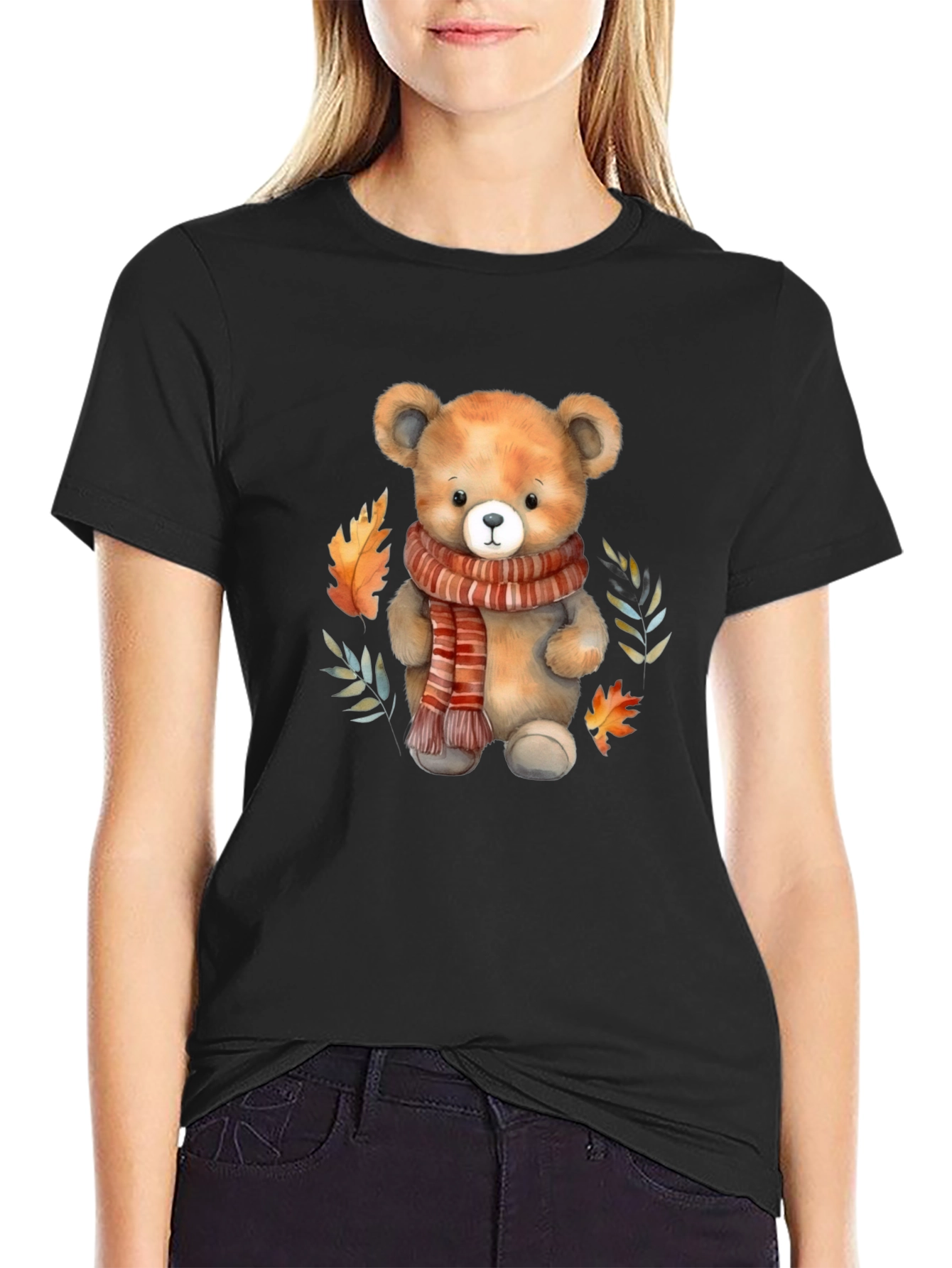 Camiseta Negra con Diseño de Oso y Otoño