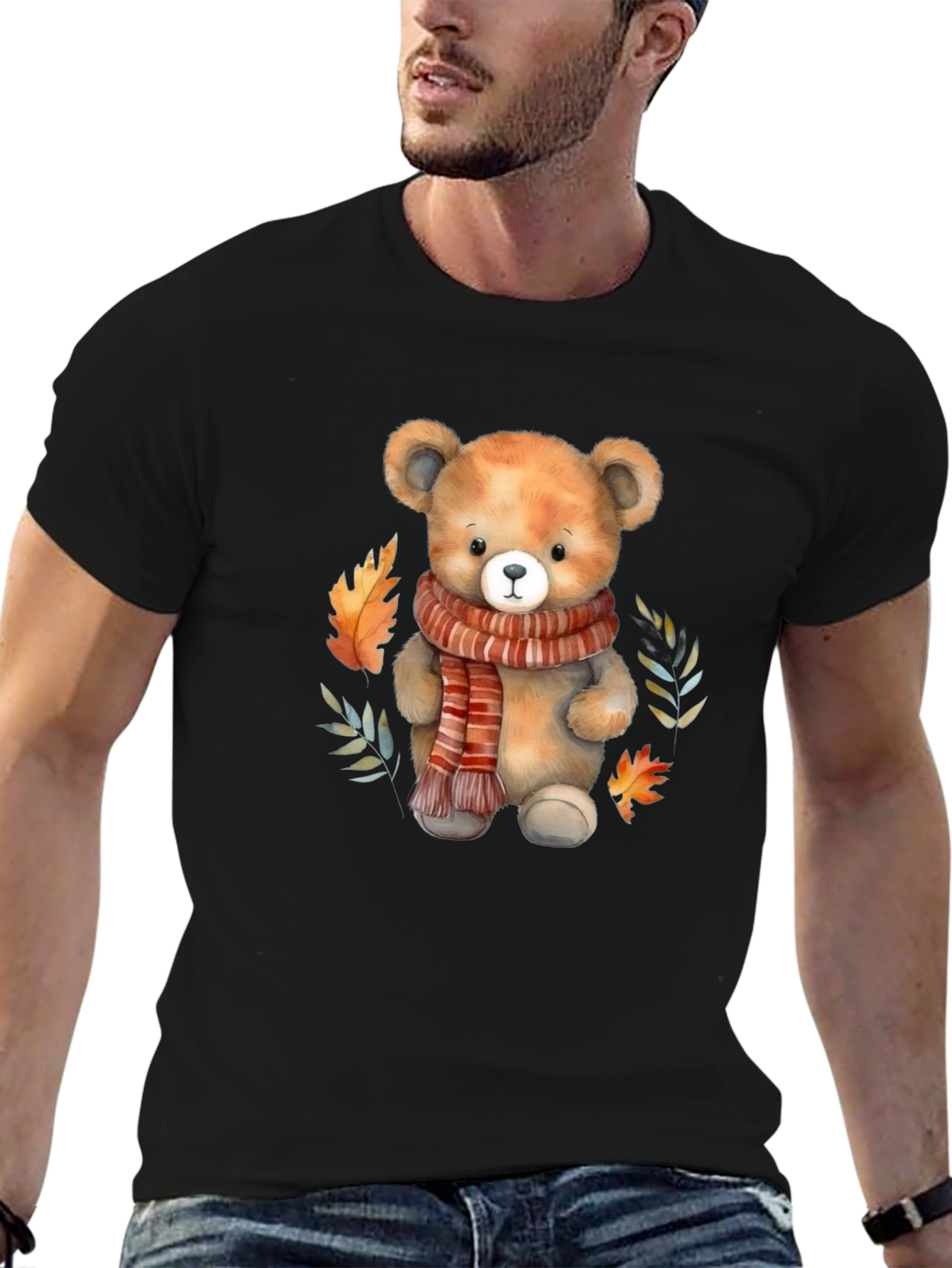 Camiseta Negra con Diseño de Oso y Otoño