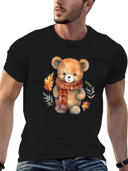 Camiseta Negra con Diseño de Oso y Otoño