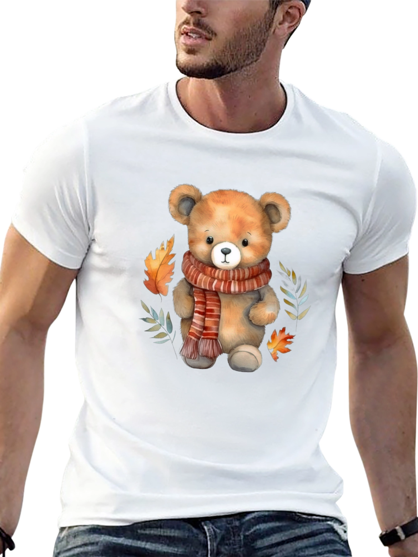 Camiseta Negra con Diseño de Oso y Otoño