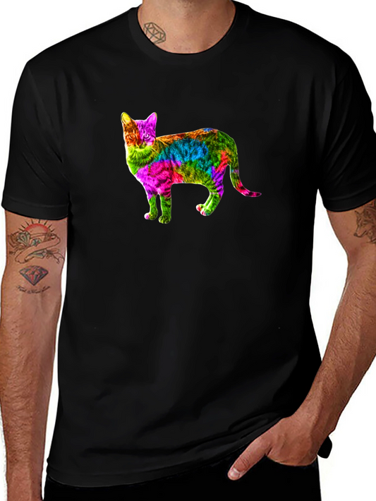Camiseta Negra con Estampado de Gato Multicolor