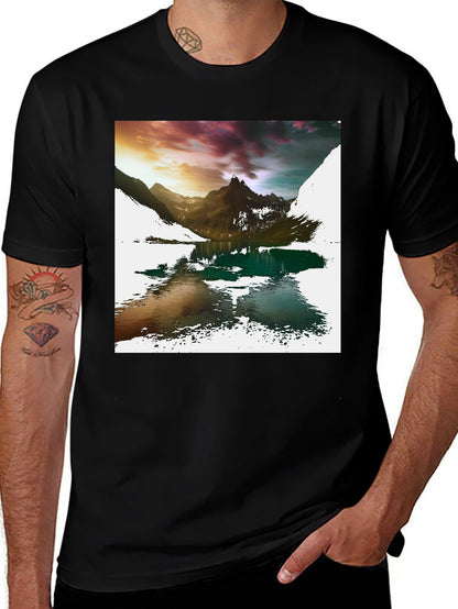 Camiseta Negra con Estampado de Montaña y Lago