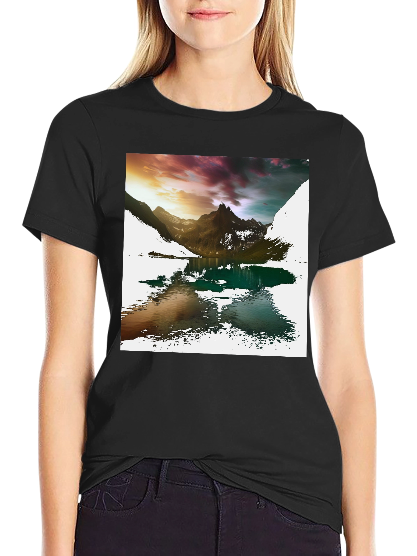 Camiseta Negra con Estampado de Montaña y Lago