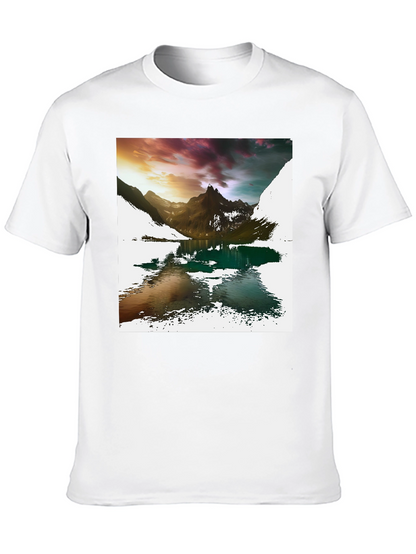 Camiseta Negra con Estampado de Montaña y Lago