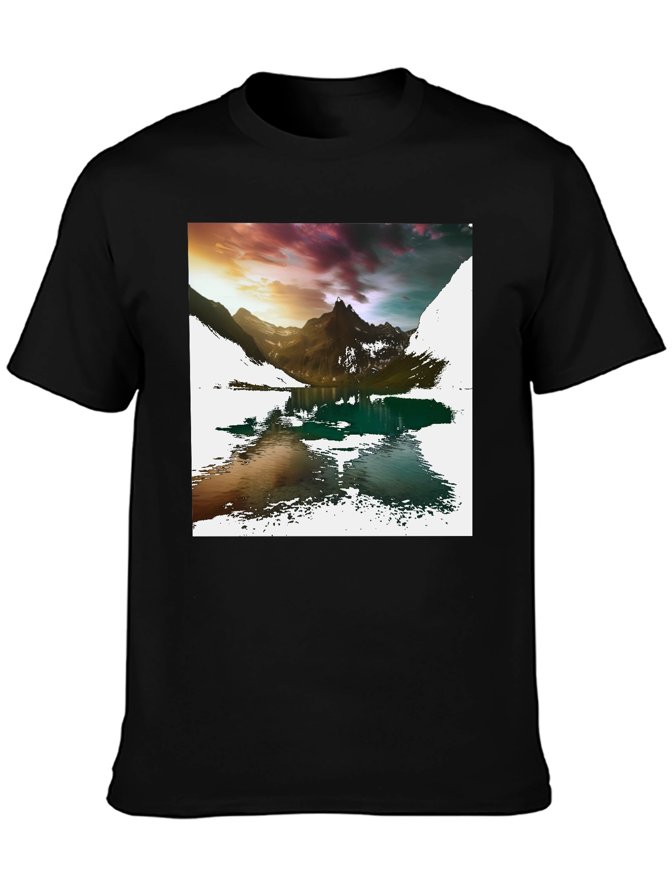 Camiseta Negra con Estampado de Montaña y Lago