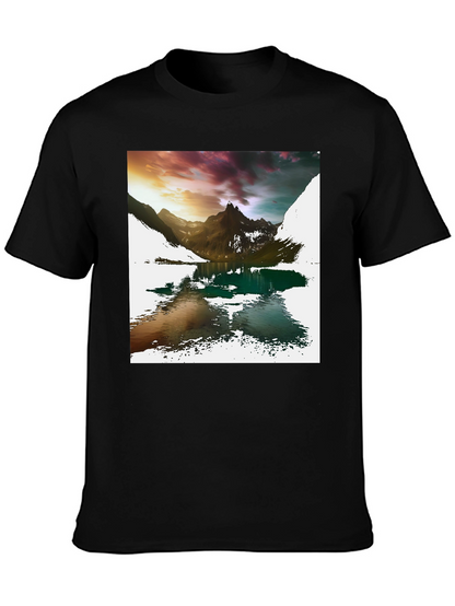 Camiseta Negra con Estampado de Montaña y Lago