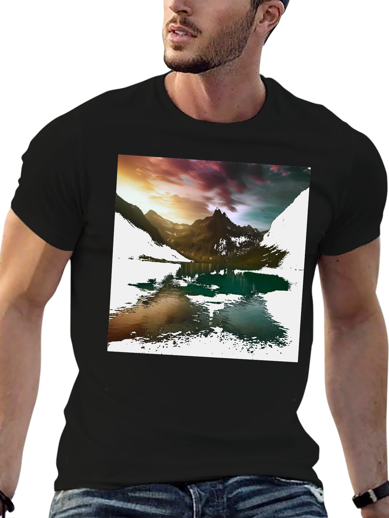 Camiseta Negra con Estampado de Montaña y Lago