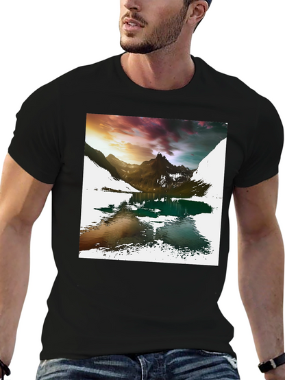 Camiseta Negra con Estampado de Montaña y Lago