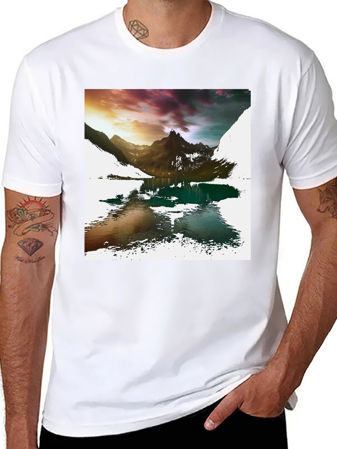 Camiseta Negra con Estampado de Montaña y Lago