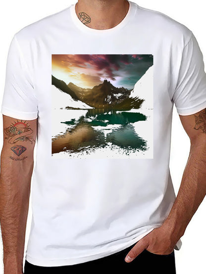 Camiseta Negra con Estampado de Montaña y Lago