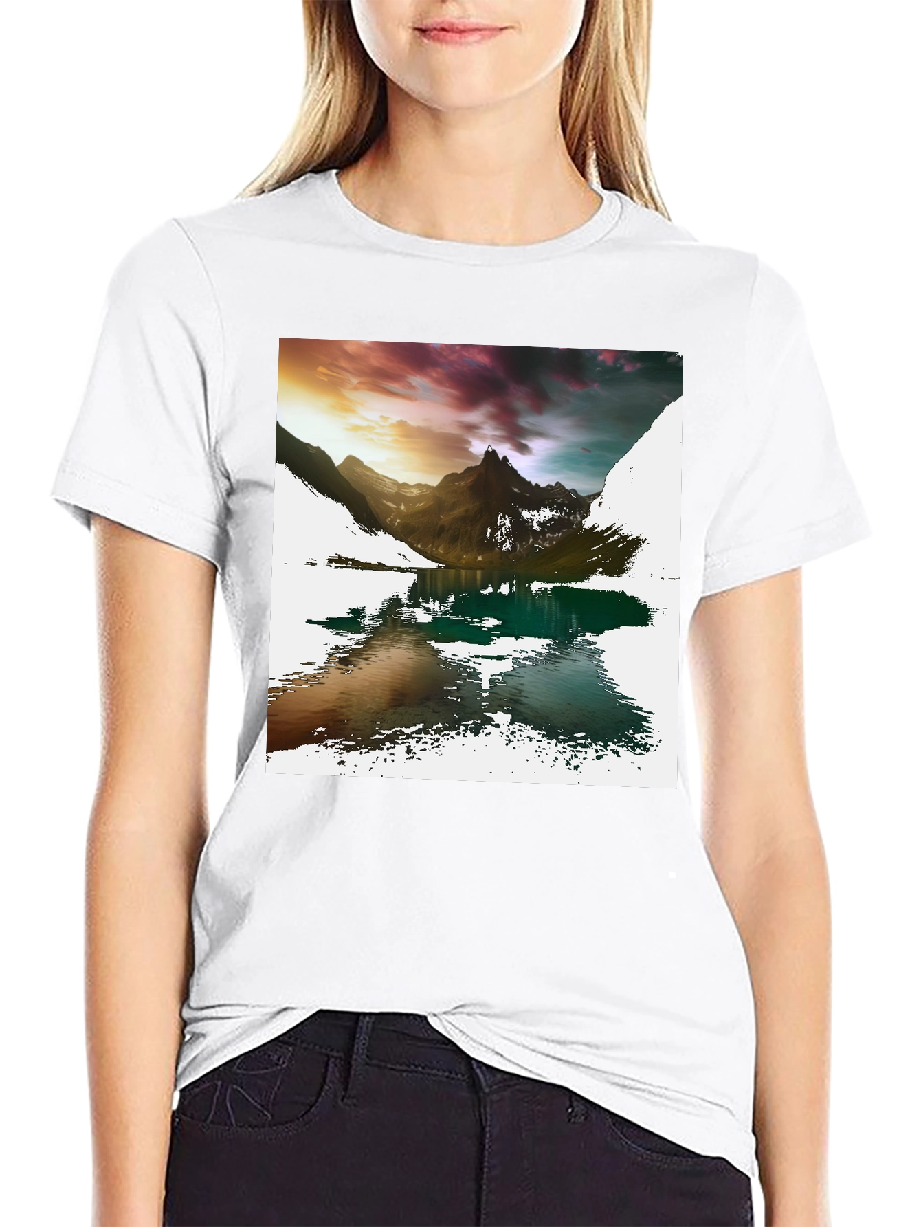 Camiseta Negra con Estampado de Montaña y Lago