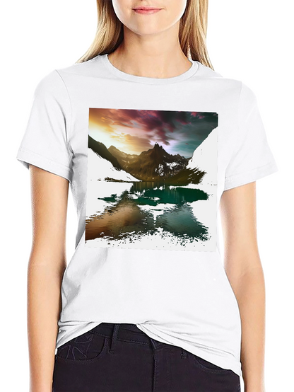 Camiseta Negra con Estampado de Montaña y Lago