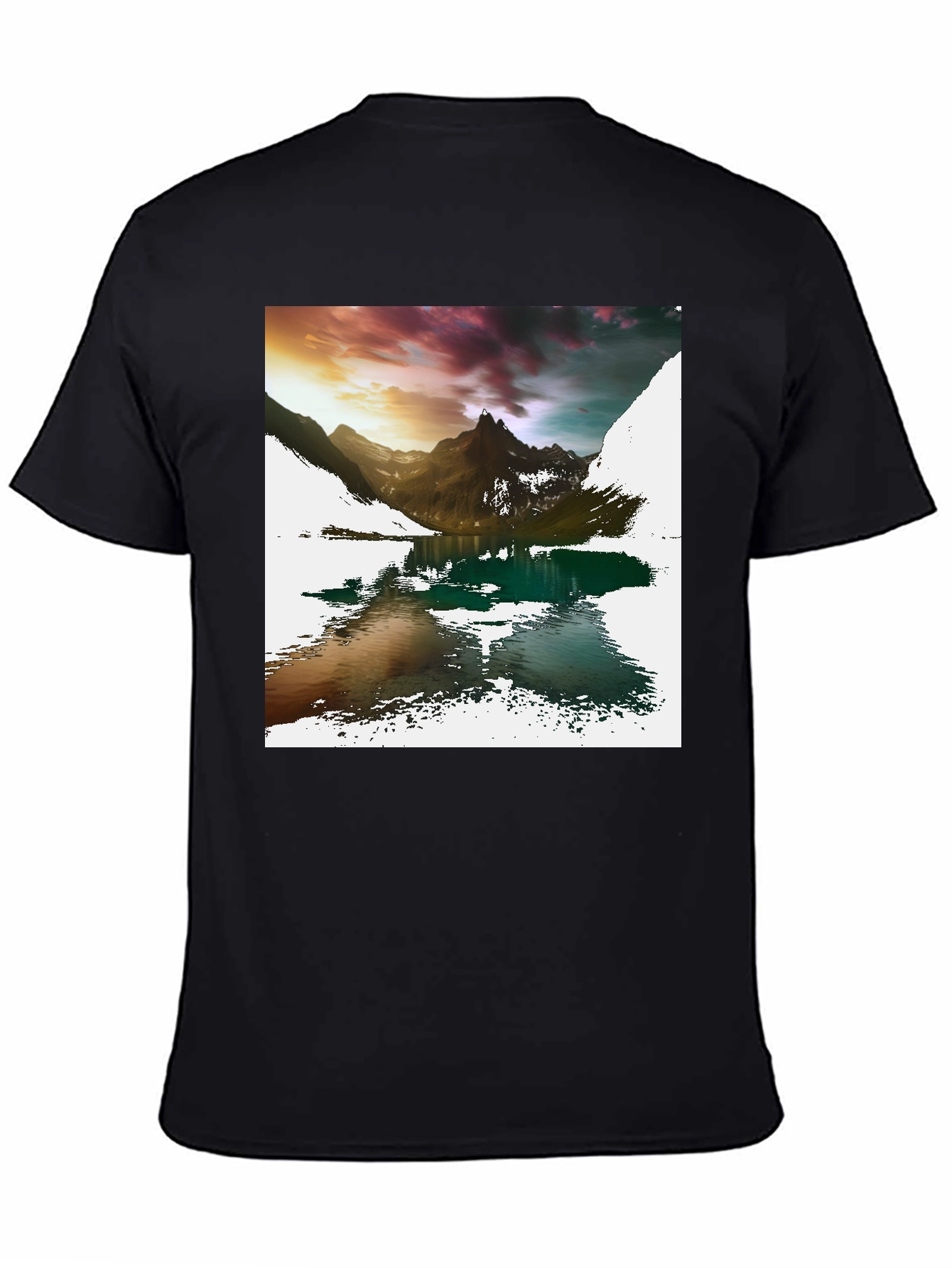 Camiseta Negra con Estampado de Montaña y Lago
