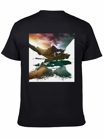 Camiseta Negra con Estampado de Montaña y Lago