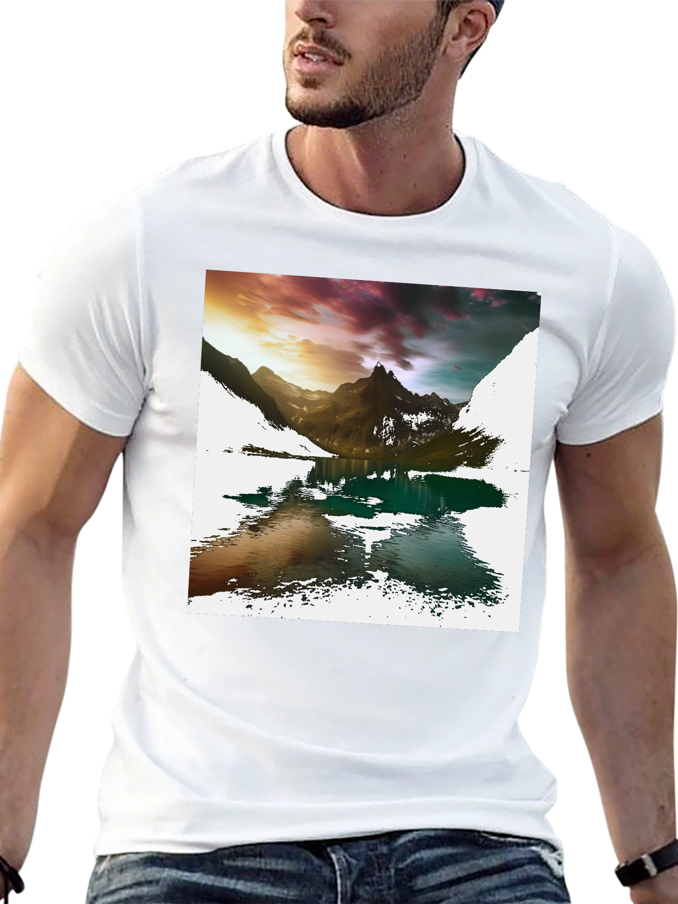 Camiseta Negra con Estampado de Montaña y Lago