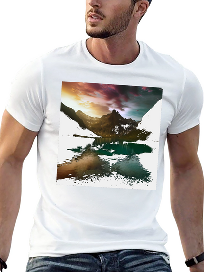 Camiseta Negra con Estampado de Montaña y Lago