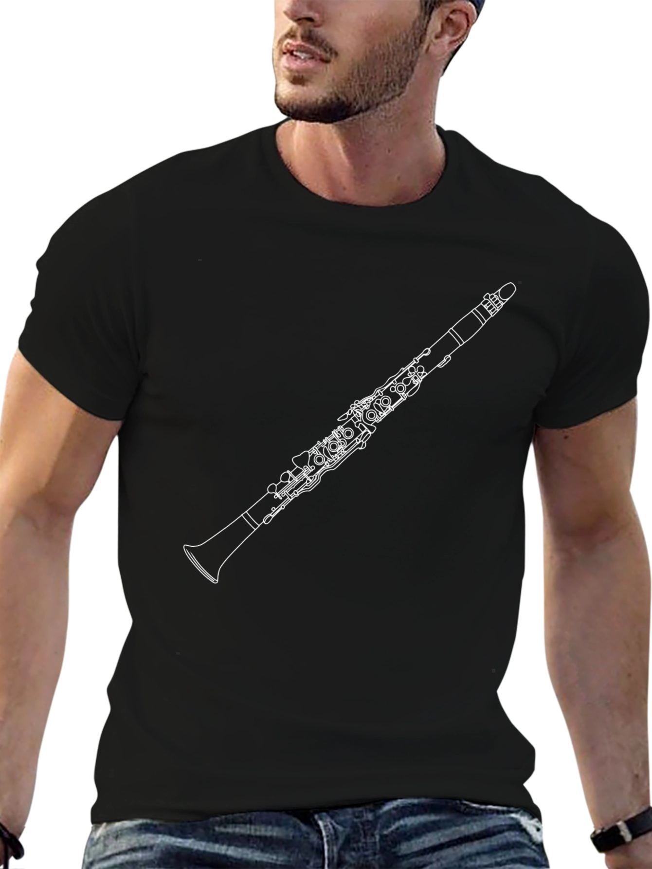 Camiseta Negra con Diseño de Clarinete para Músicos