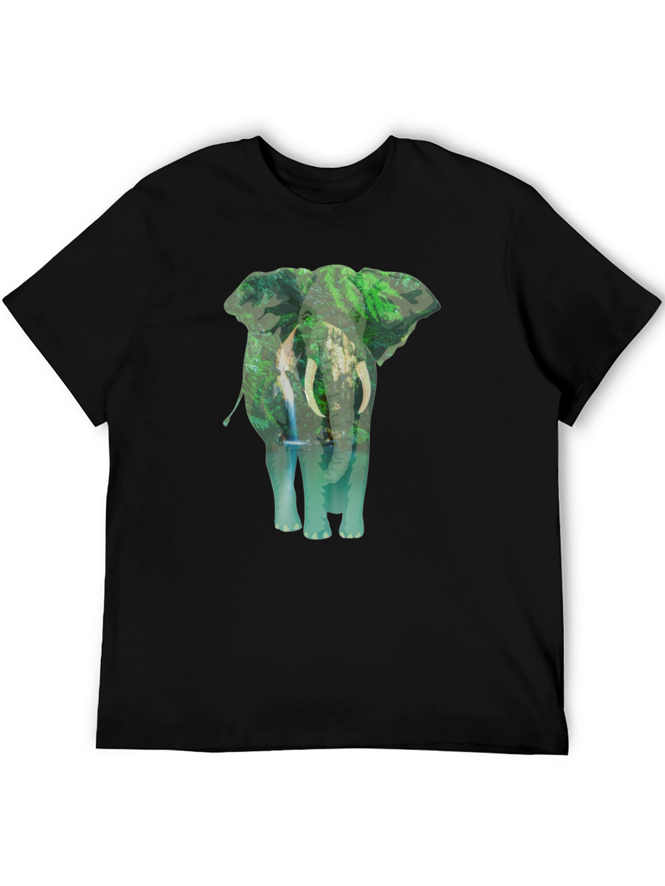 Camiseta Negra con Estampado de Elefante y Naturaleza