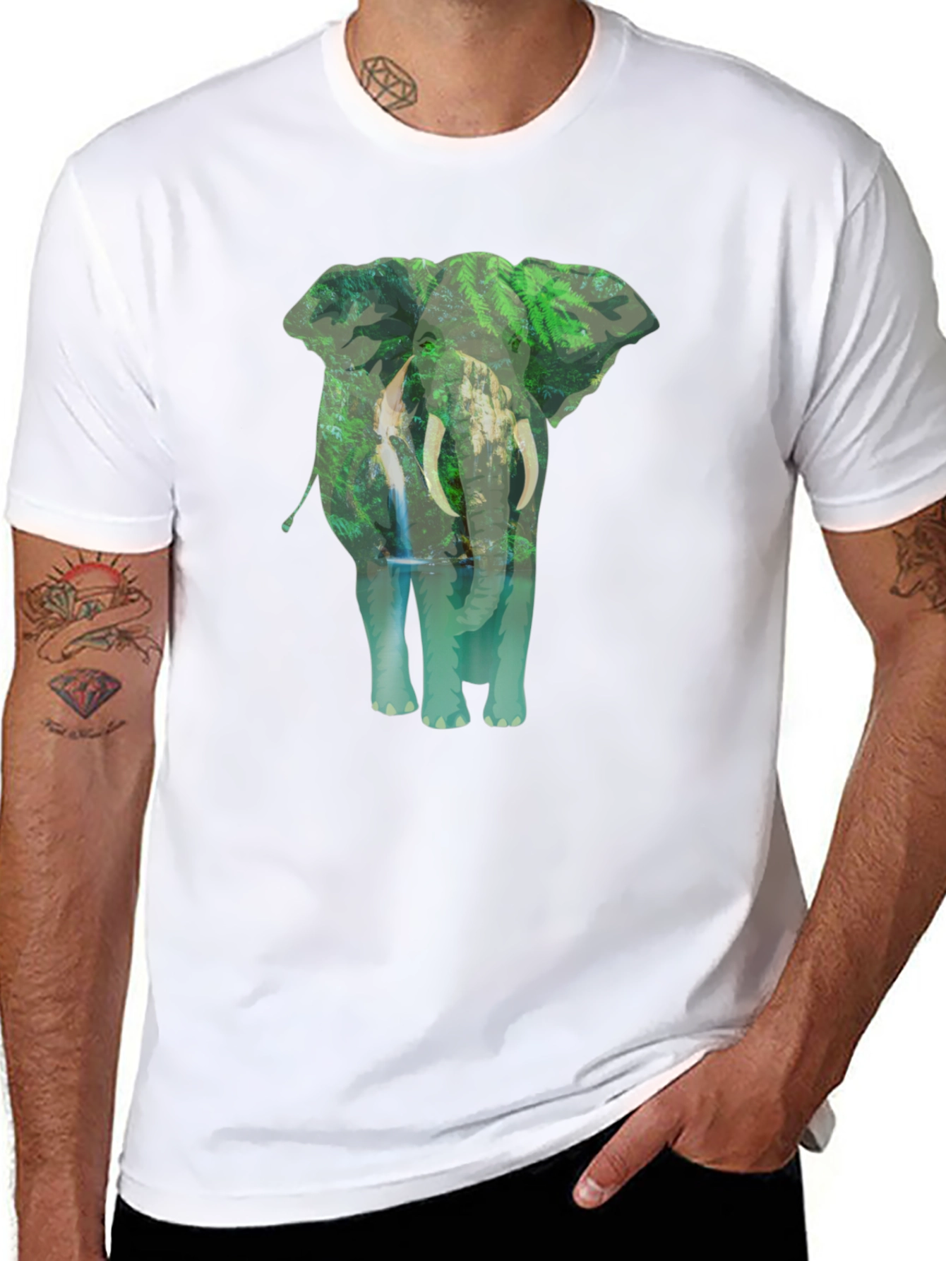 Camiseta Negra con Estampado de Elefante y Naturaleza