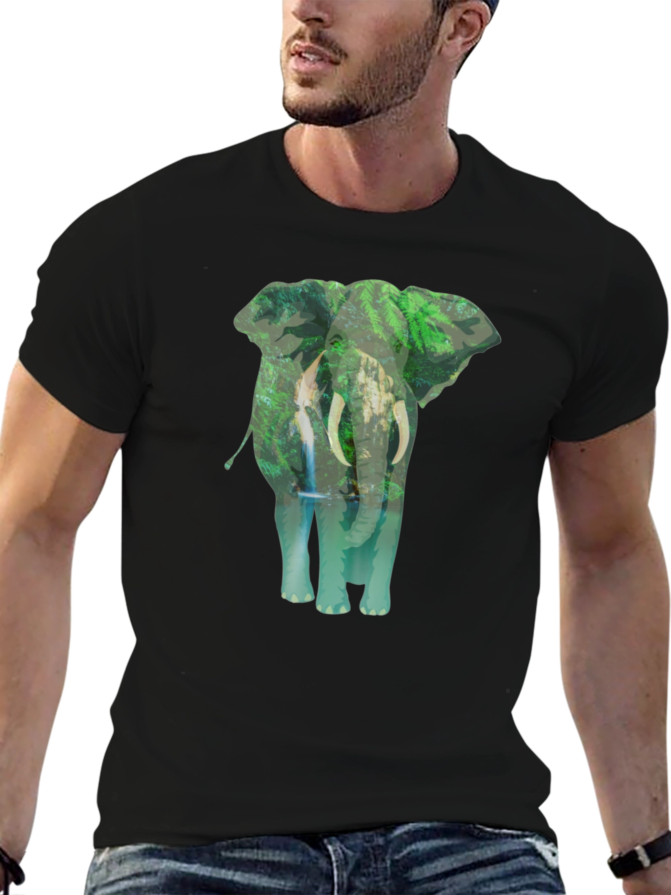 Camiseta Negra con Estampado de Elefante y Naturaleza