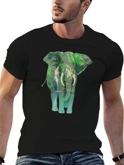 Camiseta Negra con Estampado de Elefante y Naturaleza