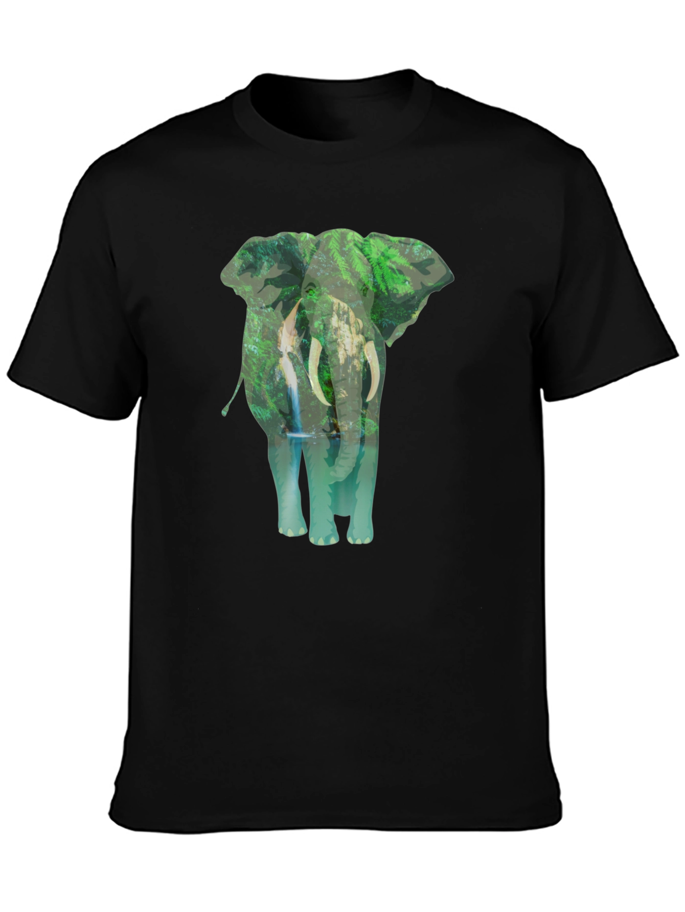 Camiseta Negra con Estampado de Elefante y Naturaleza