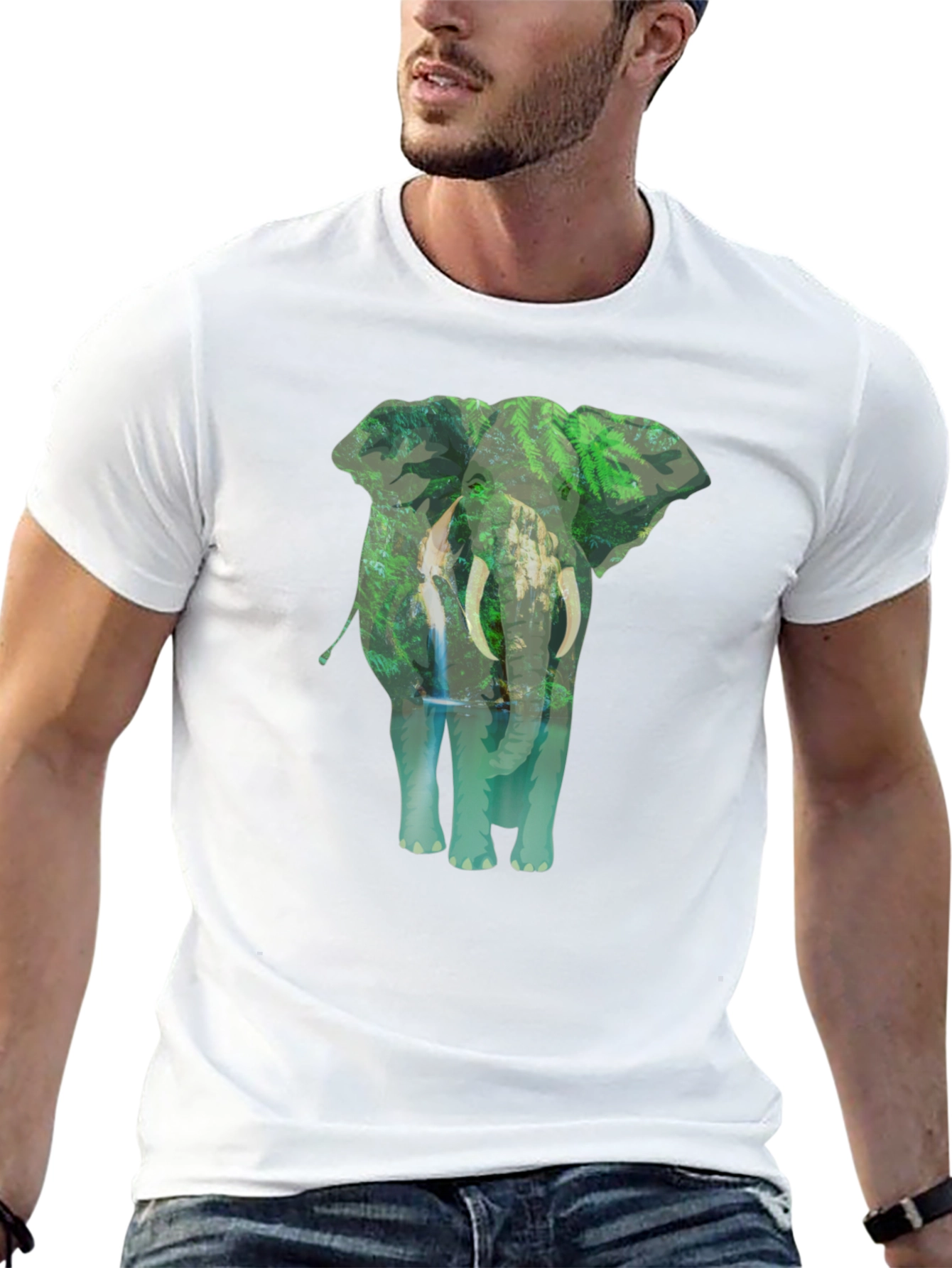 Camiseta Negra con Estampado de Elefante y Naturaleza