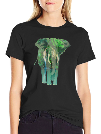 Camiseta Negra con Estampado de Elefante y Naturaleza