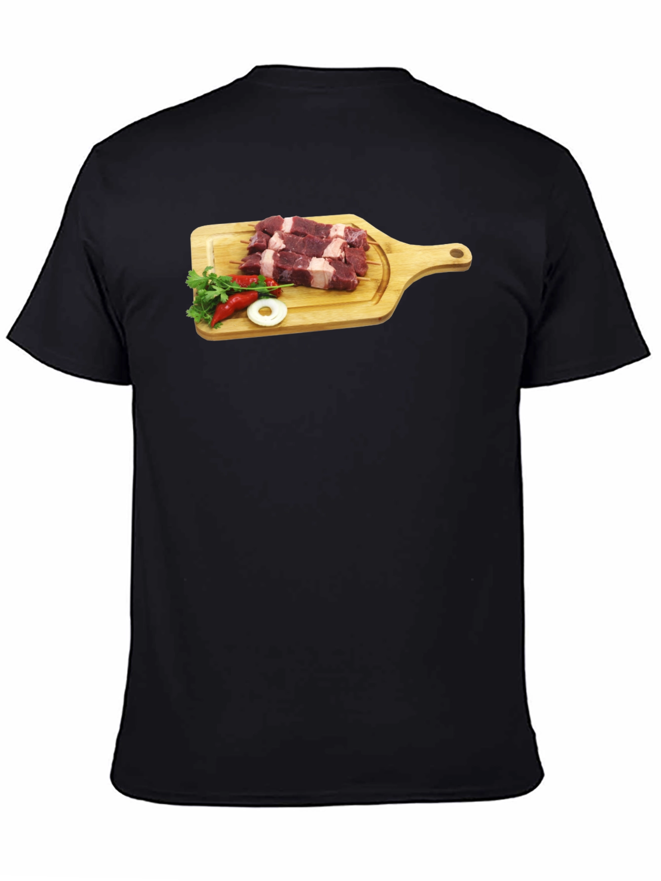 Camiseta Negra con Diseño de Carne y Vegetales