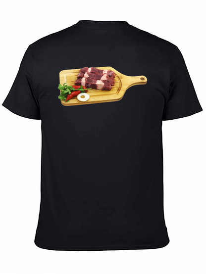 Camiseta Negra con Diseño de Carne y Vegetales