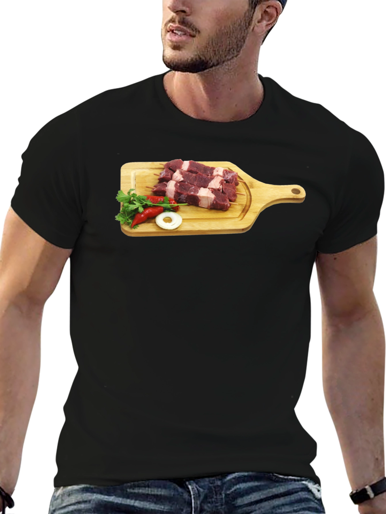 Camiseta Negra con Diseño de Carne y Vegetales