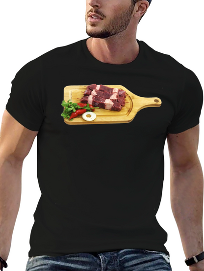 Camiseta Negra con Diseño de Carne y Vegetales