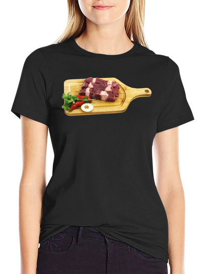 Camiseta Negra con Diseño de Carne y Vegetales