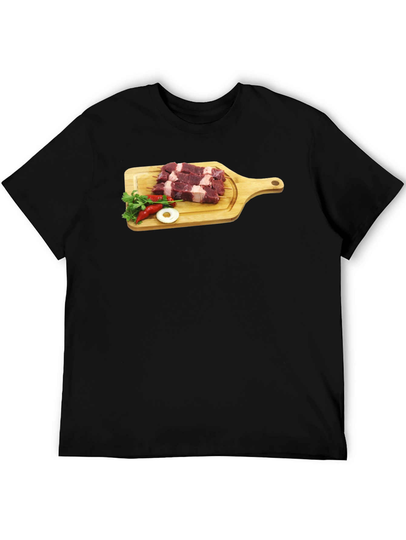 Camiseta Negra con Diseño de Carne y Vegetales