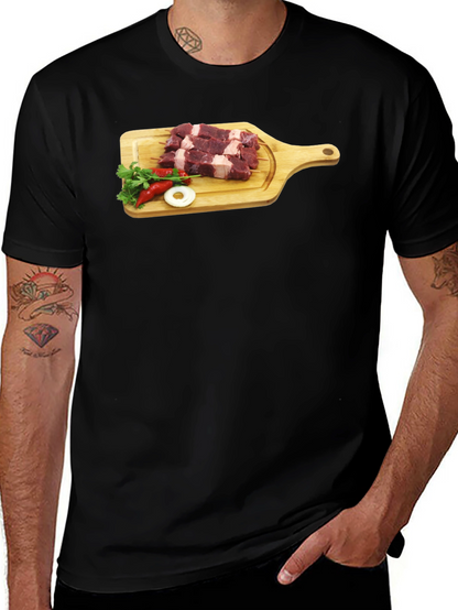 Camiseta Negra con Diseño de Carne y Vegetales