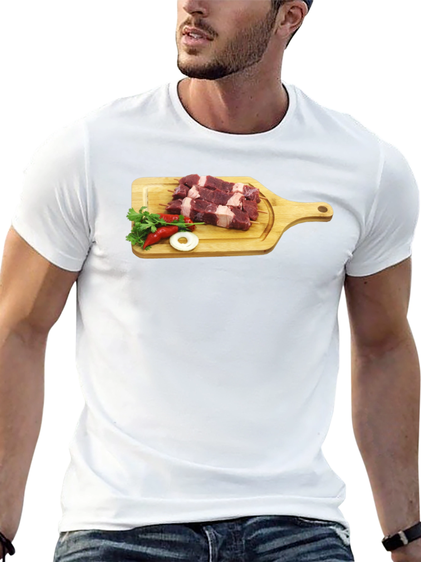 Camiseta Negra con Diseño de Carne y Vegetales