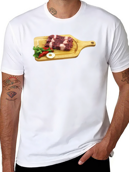 Camiseta Negra con Diseño de Carne y Vegetales